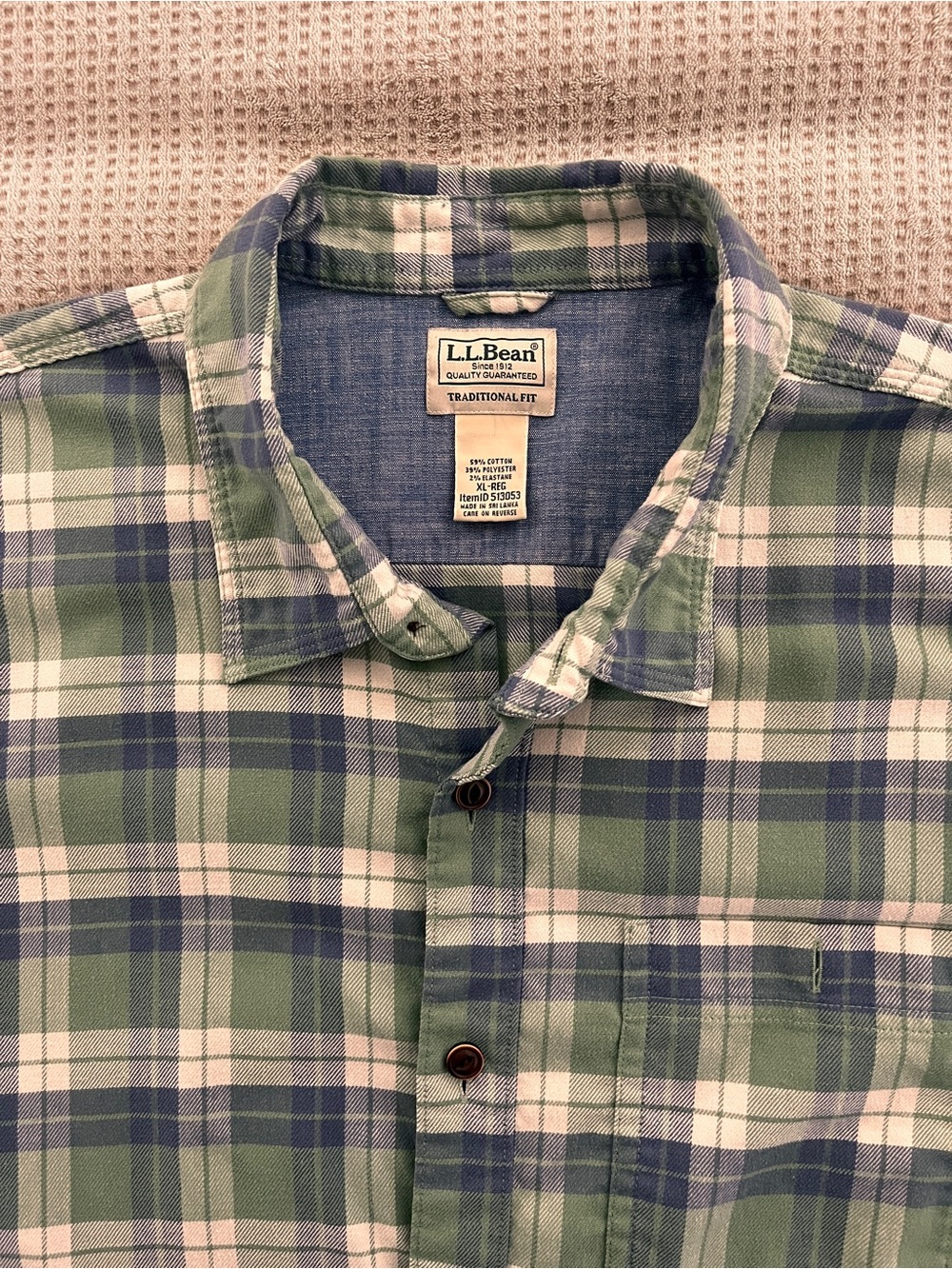 L.L. Bean Green, Blue & White Plaid Button-Down Shirt